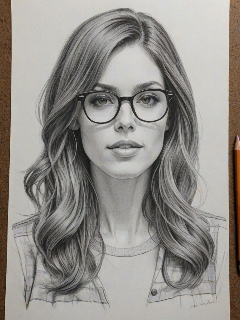 Sublime Kayla Ewell, pencil sketch, portrait of Sublime woman 1968s in glasses, hair style beatnik, outline, clear lines, fine lines, 8k