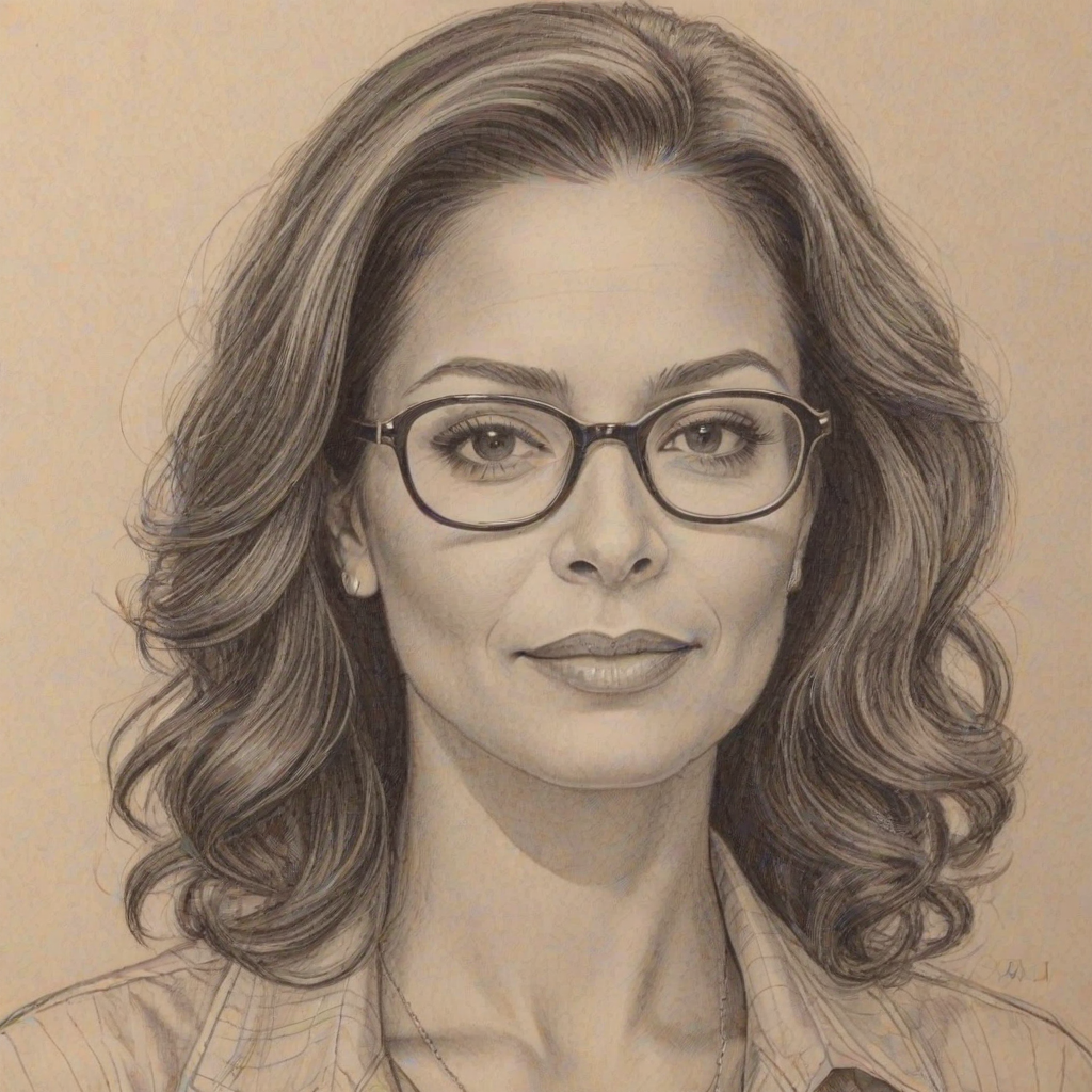 Charming Constance Marie, pencil sketch, portrait of Bewitching woman 1954s in glasses, hair style beatnik, outline, clear lines, fine lines, 8k