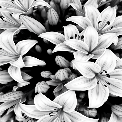 Create a highly detailed black and white illustration of a variety of blooming lilies in a lush arrangement, using a macro lens at f/2.8 for a shallow depth of field, shot from a top-down view with natural lighting to enhance textures and tones, using a DSLR camera for optimal clarity.