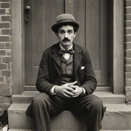 A black-and-white photograph of a man and a child sitting on steps in front of a doorway. The man is dressed as a tramp with a bowler hat, mustache, and ragged clothes, reminiscent of Charlie Chaplin's iconic look. He is sitting with his arms crossed and an expression of slight sadness or frustration. Next to him is a young boy, also in worn clothes and a cap, sitting with his hands clasped, looking thoughtful. The background is an old, textured wall and a partially open door, creating a vintage, early 20th-century atmosphere.