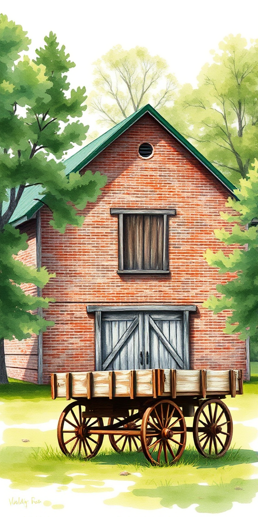 High-resolution watercolor-style illustration of a rustic brick barn with a green roof surrounded by trees, a wooden cart in the foreground, soft focus, taken with a DSLR camera, aperture f/8, shutter speed 1/100s, ISO 200, daylight, natural lighting.