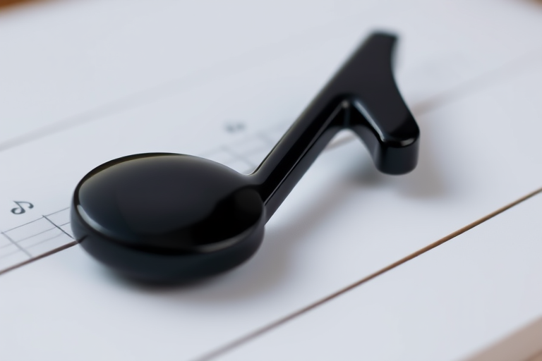 Design a high-resolution image of a single black musical note with a glossy finish, photographed with a Nikon D850 at f/4.5, ISO 100, 1/200 sec, in a close-up view with soft natural lighting and a shallow depth of field.