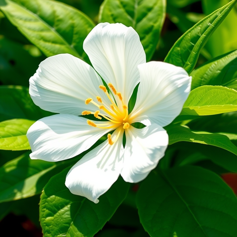 Create a high-resolution illustration of a white flower with yellow stamens surrounded by lush green leaves, using a Canon EOS R5, 50mm lens, f/2.8 aperture, ISO 100, natural light, focusing on vibrant colors and smooth textures.