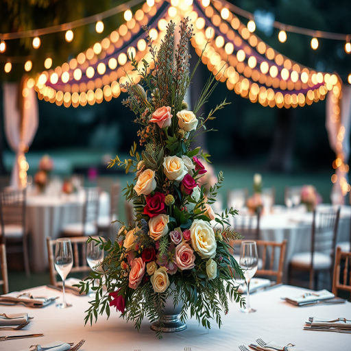 A beautifully decorated outdoor wedding reception table with a tall floral centerpiece featuring various flowers and greenery, soft romantic lighting from hanging string lights in the background, use a DSLR camera, aperture f/2.8, shutter speed 1/125s, ISO 200, view from eye level, soft focus style for a dreamy effect.