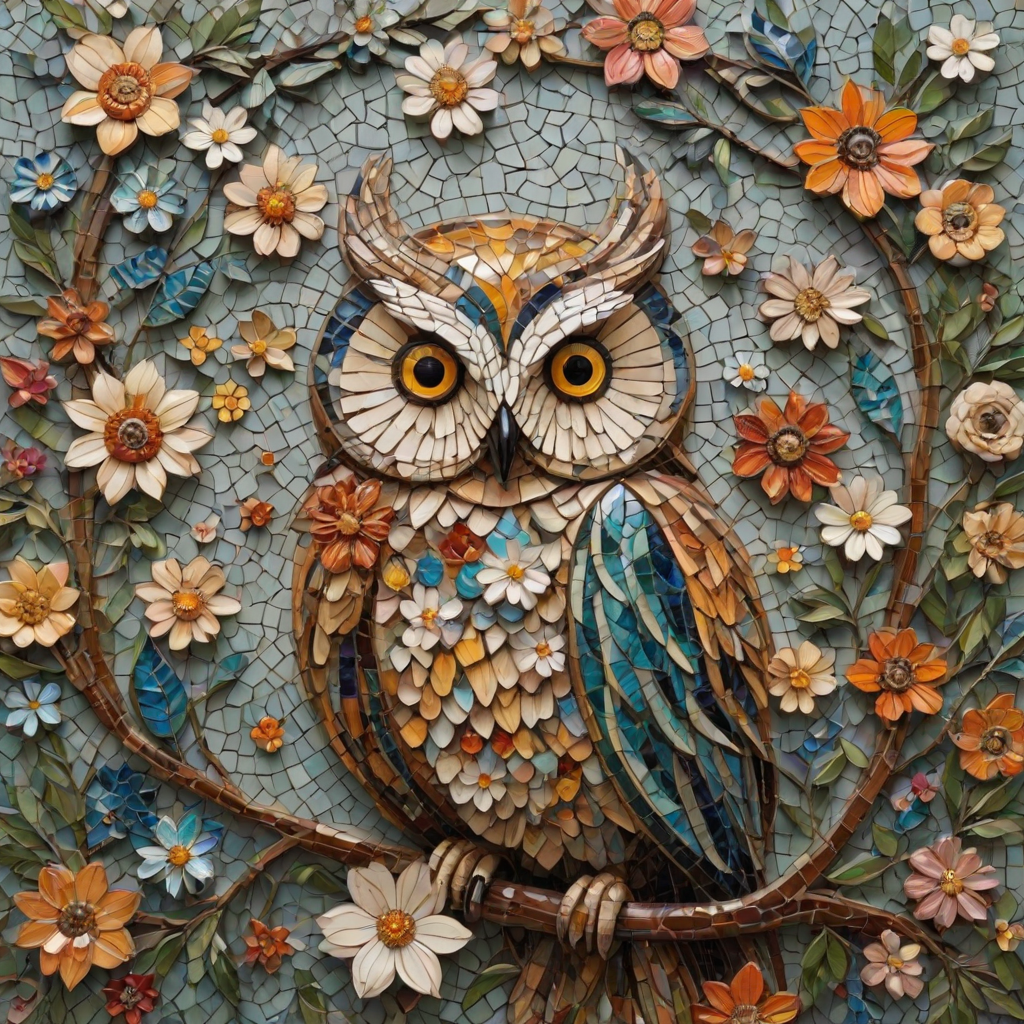 A mosaic of floral owls, each owl intricately composed of individual flower blossoms. The design showcases a delicate balance of nature and form, where the feathers of the owls are replaced by vibrant petals and blooms. The overall appearance is whimsical yet detailed, with each floral element contributing to the intricate patterns of the owl’s body. The artwork embraces a raw, organic style, with natural hues and soft textures, creating a harmonious blend of flora and fauna. The mosaic arrangement adds depth and visual intrigue to the piece, evoking a sense of wonder and artistic beauty.