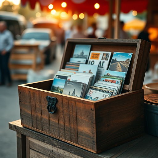capture a vintage wooden box filled with an assortment of postcards at an outdoor market in soft natural light, shallow depth of field, f/2.8, ISO 200, 35mm lens, DSLR camera, golden hour lighting for warm tones