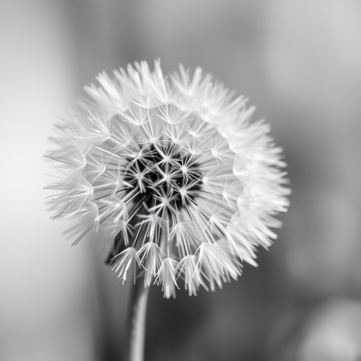 macro shot of a dandelion seed head in black and white, soft focus background, natural light, aperture f/2.8, shutter speed 1/200s, ISO 100, Nikon D850, 105mm lens