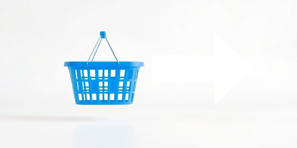 Create a minimalistic design of a blue shopping basket with a clear background and a large white arrow pointing towards it, using a DSLR camera with a 50mm lens at f/2.8, captured from a front view with soft natural lighting to enhance the colors and details.