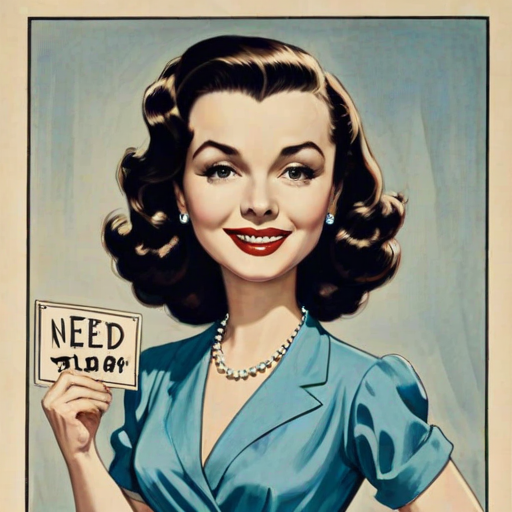 caricature of a smiling Vivien Leigh in a Cerulean dress or suit, holding up a sign that says "NEED A JOB", no watermark,
