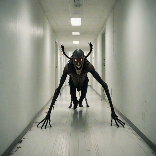 a crooked male with long arms and a creepy smile is crawling along a long white corridor and you can also see cockroaches in it there is a creepy atmosphere creepy art style