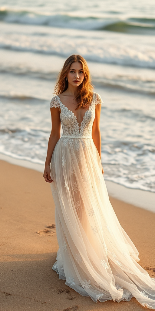 Create an image of a woman in a flowing lace wedding dress standing on a sandy beach with gentle waves in the background, captured with a Canon EOS R5 at f/2.8, 50mm lens, in golden hour lighting for a soft and dreamy effect.