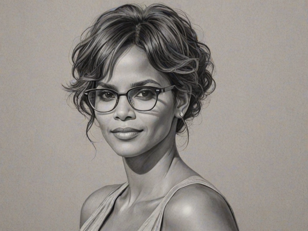 Magnificent Halle Berry, pencil sketch, portrait of Sublime woman 1937s in glasses, hair style beatnik, outline, clear lines, fine lines, 8k