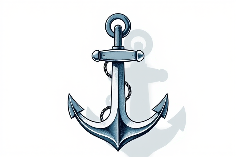 Create a high-resolution illustration of a vintage-style anchor, captured with a DSLR camera at f/8 aperture, ISO 100, 50mm lens, in a top-down view, using natural lighting for enhanced clarity and detail.