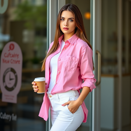 A young woman with long brown hair stands with her back against a glass door, wearing a pink button-down shirt over a white T-shirt and white pants, holding a cup of coffee in her right hand. The woman is looking directly at the viewer, her expression is neutral. Her right hand is tucked into the pocket of her pants while her left hand holds the coffee cup. The lighting is soft and natural, highlighting her features. The background is blurred, with the focus on the woman. The photo is taken from a slightly elevated perspective, showcasing the woman's full figure.