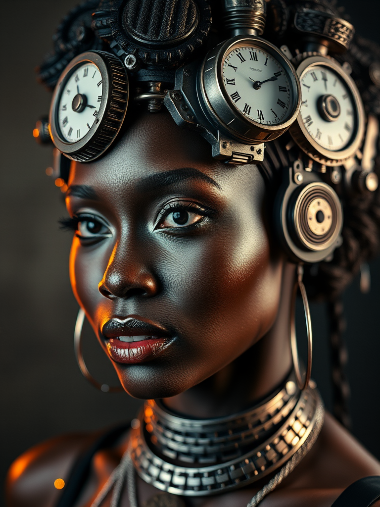 Create a highly detailed portrait of a black woman with metallic gears and a clock as part of her headpiece, emphasizing a futuristic steampunk aesthetic, captured with a Canon EOS R5 at f/2.8, 1/125s, ISO 100 using a 50mm lens in dramatic lighting for high contrast and vivid colors.