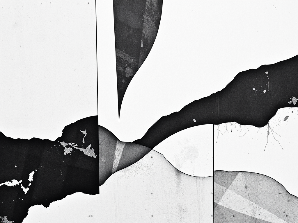 Generate a high-resolution image of a minimalist abstract art piece featuring geometric shapes in black and white, using a Canon EOS R5 camera, 50mm lens, f/1.8 aperture, 1/200s shutter speed, ISO 100, shot from a top-down view with a soft focus to enhance depth and texture.