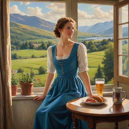 In "A Glass of Beer on the Highland," a serene scene is depicted in a sunlit room where a woman in a vibrant blue dress stands by a large window. She holds a tray with a hearty meal and a frothy glass of beer, embodying a moment of relaxation. Outside, the breathtaking highland landscape features rolling green hills and a charming traditional house, all bathed in warm afternoon light. The interior is adorned with potted plants, creating a harmonious blend of comfort and nature. The painting beautifully captures the tranquility and joy found in simple pleasures amidst stunning scenery