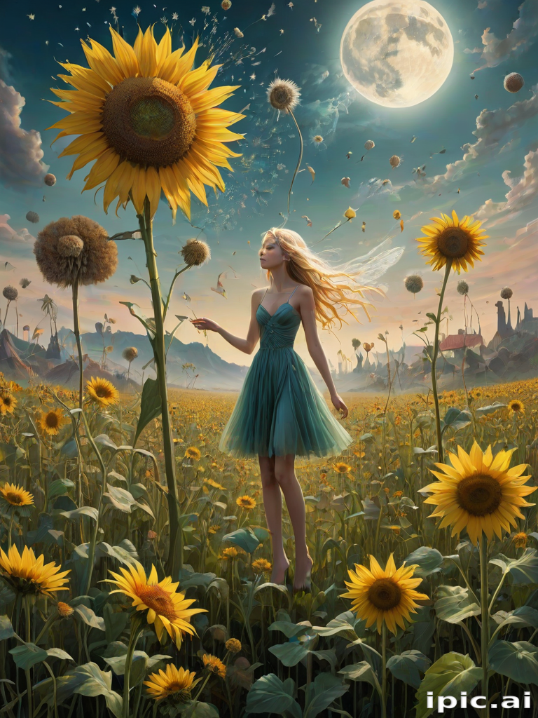 A surreal allegory featuring ethereal fairies, towering sunflowers, and an enigmatic witch, all set within a dreamlike landscape. The scene is dominated by a colossal dandelion, its delicate seeds floating through the air, reminiscent of Yves Tanguy's abstract forms. The environment is a blend of otherworldly elements and natural beauty, with twisted, elongated shapes and surreal colors that evoke a sense of mystery and enchantment.