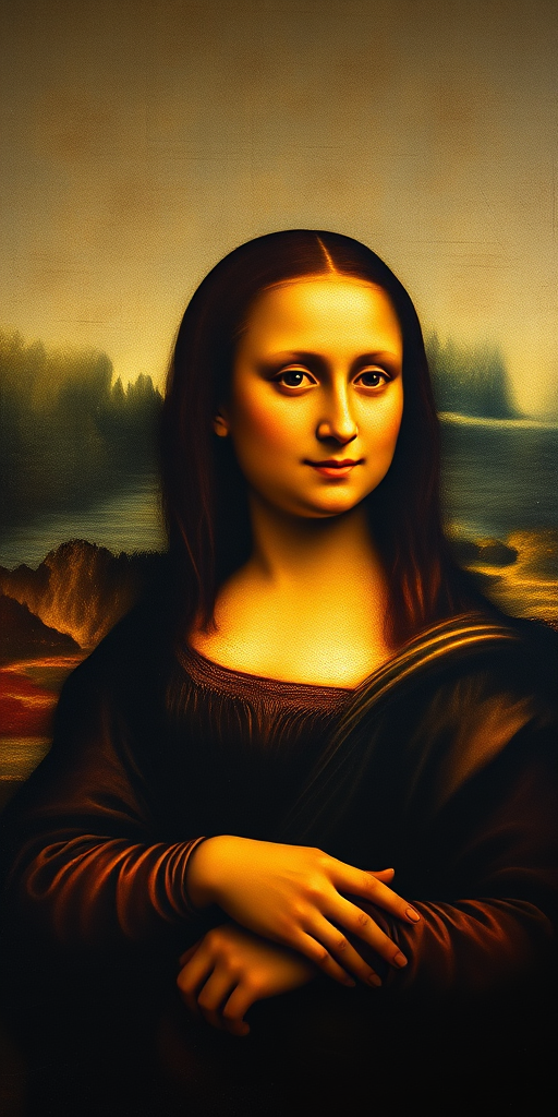 Generate a high-resolution image of the Mona Lisa with a symmetrical composition, using a 50mm lens at f/2.8, set in soft natural light, captured with a DSLR camera, emphasizing the texture and detail of the artwork.