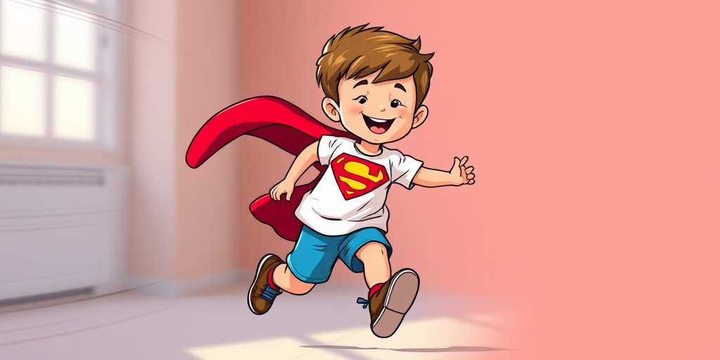 Create an animated illustration of a cheerful child running, wearing a superhero t-shirt with a red emblem, blue shorts, and brown shoes, using vibrant colors and dynamic motion lines, in a comic style, with a 50mm lens, f/2.8 aperture, and soft focus background for enhanced depth.