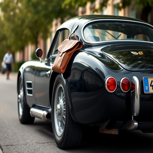 vintage black sports car with a leather backpack parked on a street, taken with a DSLR camera using a 50mm lens at f/1.8, ISO 100, 1/200s, in natural daylight, focused shot with a shallow depth of field to enhance background blur