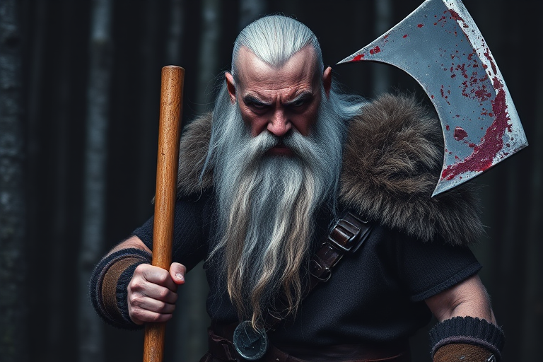 A fierce old warrior with a long gray beard wielding a bloody axe against a dark forest backdrop, shot with a Canon EOS R5, ISO 100, f/4, 50mm lens, shallow depth of field, high contrast and vibrant colors to enhance detail.
