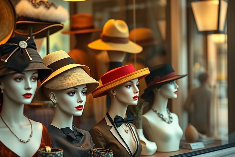 Elegant Display of Fashionable Hats in a Boutique Window Showcase