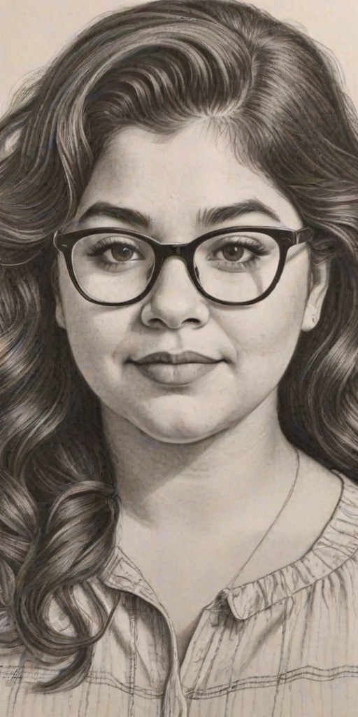 Captivating Raini Rodriguez, pencil sketch, portrait of Fetching woman 1957s in glasses, hair style beatnik, outline, clear lines, fine lines, 8k
