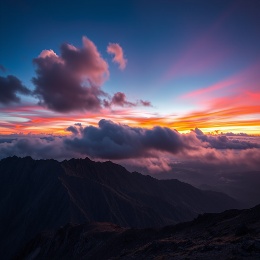 Create an atmospheric landscape of a mountain range during sunset, focused on vibrant colors and dramatic cloud formations, captured with a Canon EOS R5, 24mm lens, f/8 aperture, ISO 100, and a long exposure to enhance light trails and details.