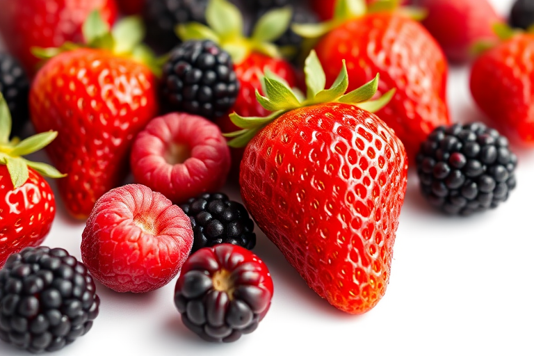fresh strawberries, raspberries, and blackberries on a white background, shallow depth of field, ISO 100, f/2.8, 1/200s, macro lens, natural lighting, DSLR camera