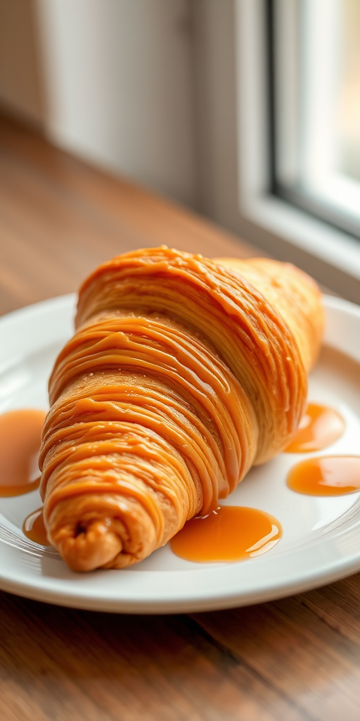 A golden croissant drizzled with caramel sauce on a white plate, shot with a DSLR camera at f/2.8, ISO 100, 50mm lens, in natural light from a window, shallow depth of field for a soft background.