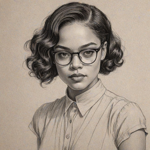 Captivating Tessa Thompson, pencil sketch, portrait of Captivating woman 1930s in glasses, hair style beatnik, outline, clear lines, fine lines, 8k