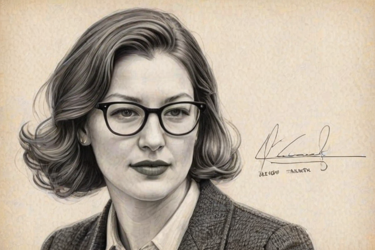 Resplendent Kelly Macdonald, pencil sketch, portrait of Fascinating woman 1954s in glasses, hair style beatnik, outline, clear lines, fine lines, 8k