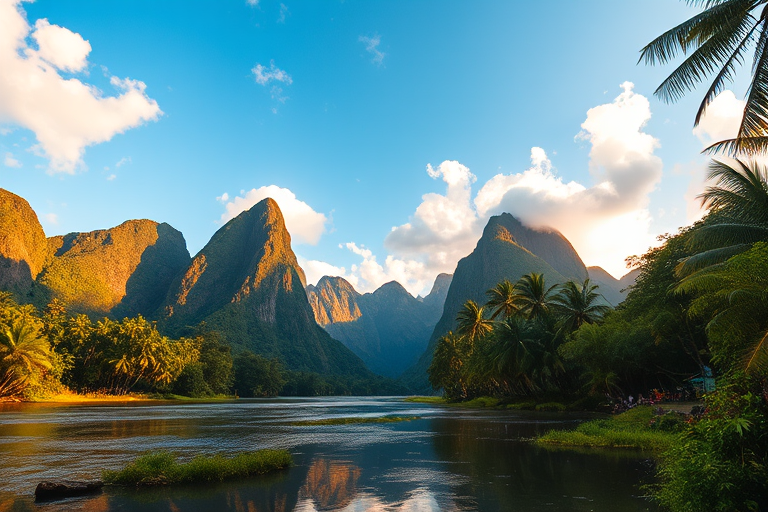 lush tropical landscape with a serene river surrounded by towering mountains and palm trees, bright blue sky with fluffy clouds, golden hour lighting, wide-angle lens, f/8 aperture, ISO 100, 24mm focal length, DSLR camera
