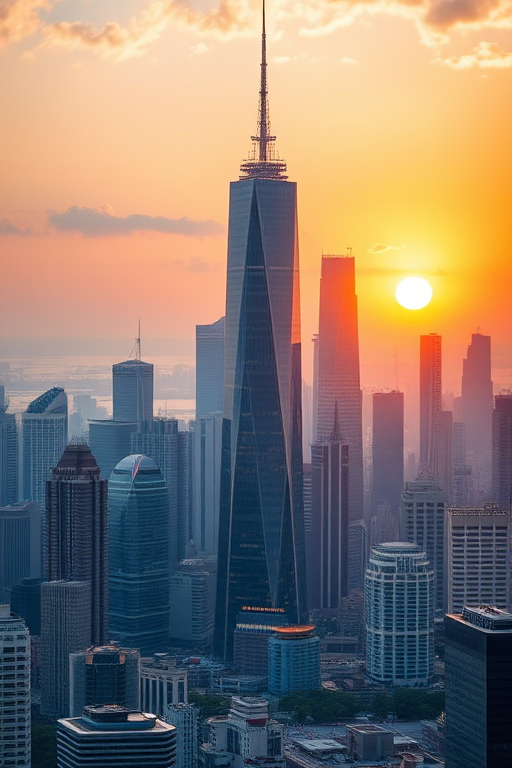 futuristic cityscape with towering skyscrapers at sunrise, wide-angle view, high resolution, ISO 100, aperture f/8, shutter speed 1/250 sec, DSLR camera, HDR photography