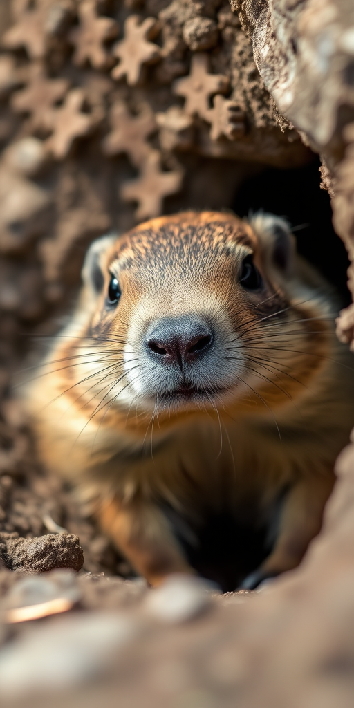 Close-up of a marmot emerging from its burrow, natural lighting, 85mm f/1.8 lens, shallow depth of field, ISO 200, aperture f/2.8, DSLR camera, macro photography style.
