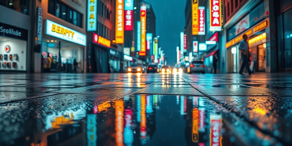 Create a high-resolution digital painting of a rainy urban street at night, featuring neon signs reflecting in puddles on the ground, with a focus on vibrant colors and detailed textures; use a Canon EOS R5, 24mm lens, f/1.8 aperture, ISO 200, and a shallow depth of field for enhanced image quality.