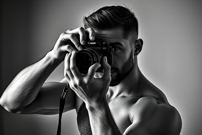Create a high-contrast black and white portrait of a muscular man taking a photograph, using a Canon EOS R5 with a 50mm f/1.2 lens at ISO 100, aperture f/1.8, and shutter speed 1/200s, captured in a studio setting with soft directional lighting to emphasize shadows and highlights.