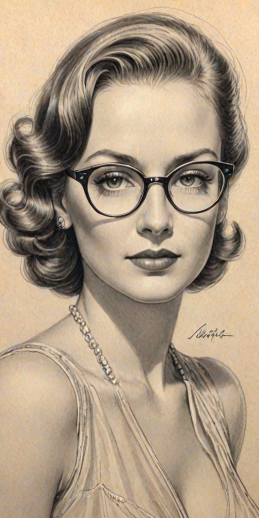 Resplendent Jewel, pencil sketch, portrait of Dazzling woman 1936s in glasses, hair style beatnik, outline, clear lines, fine lines, 8k