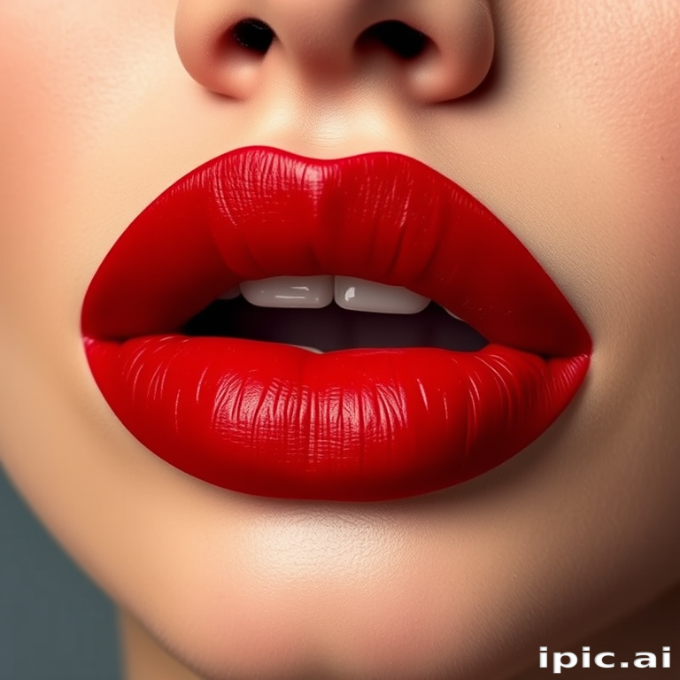 Stunning "Ruby Velvet" lips with a deep red matte finish, showcasing plump and defined contours, exuding sophistication and allure in a close-up portrait