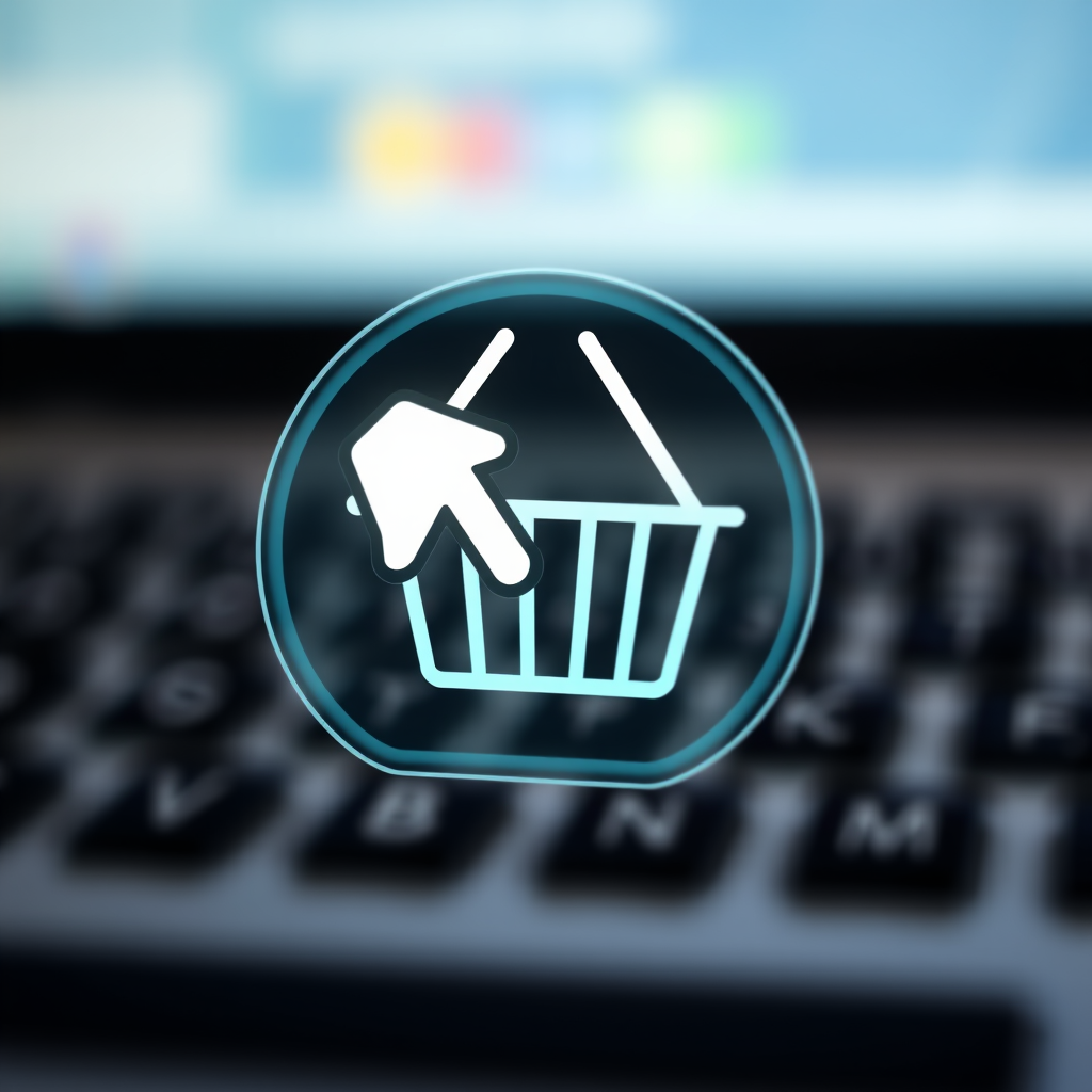 Create an image of a digital shopping basket icon with a hand cursor hovering over it, set against a blurred background of a keyboard, using a high-resolution camera with a 50mm lens at f/2.8, ISO 100, and a soft-focus style to enhance depth and clarity.