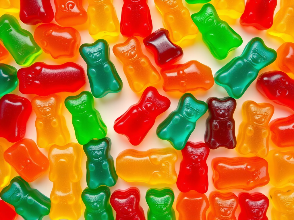 Generate an image of colorful gummy bears arranged in a grid pattern, taken with a DSLR camera at f/2.8 aperture, ISO 100, 50mm lens, top-down view, using natural light to enhance the vibrant colors and details.