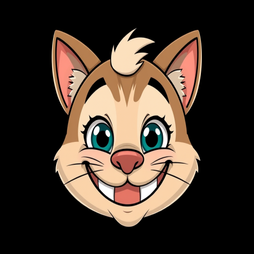 Create a cartoon-style illustration of a smiling animal face resembling a cat with exaggerated features and a playful expression, set against a solid black background, shot with a DSLR camera at f/2.8, 1/250 sec shutter speed, ISO 100 for optimal clarity and detail.