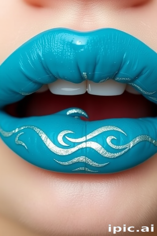 Teal blue lips with wave patterns in silver, dubbed "Ocean's Embrace," offer a refreshing and beachy look with a glossy finish for summer pool parties and seaside vacations