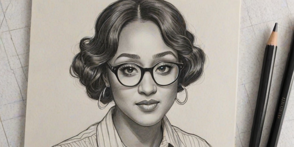 Appealing Tamera Mowry-Housley, pencil sketch, portrait of Fascinating woman 1924s in glasses, hair style beatnik, outline, clear lines, fine lines, 8k