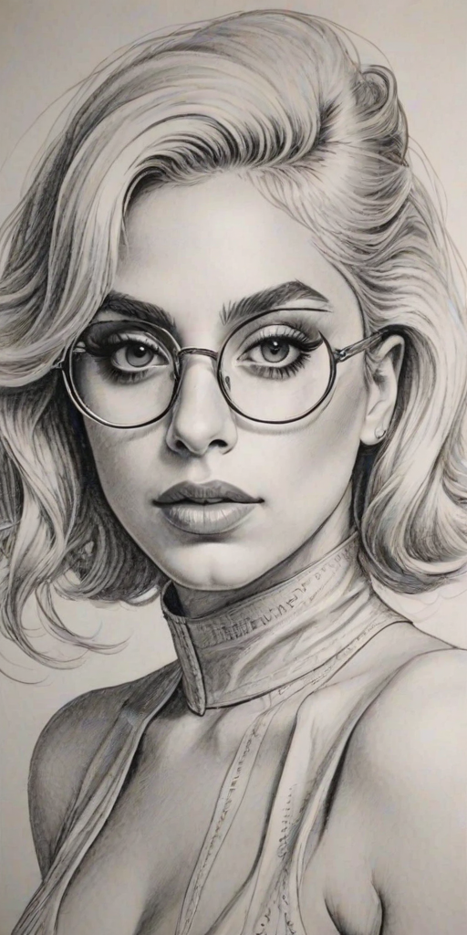 Magnificent Lady Gaga, pencil sketch, portrait of Stunning woman 1933s in glasses, hair style beatnik, outline, clear lines, fine lines, 8k