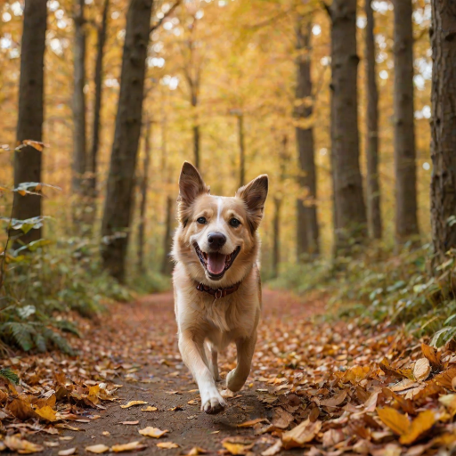 A happy dog running through a forest path during autumn with vibrant leaves, captured with a DSLR camera, 50mm lens, f/2.8 aperture, ISO 200, shutter speed 1/500s, low angle view, soft focus background for dramatic effect.