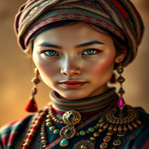 Create a portrait of a beautiful Tibetan woman with striking green eyes and a gentle expression. She is adorned in traditional attire with intricate patterns, including a richly embroidered headscarf and matching garments. Her jewelry includes a delicate headpiece, dangling earrings, and ornate bracelets, all featuring vibrant gemstones and detailed metalwork. The background is soft and warm, enhancing the rich colors of her outfit and jewelry.