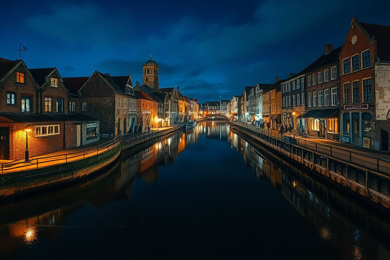 night view of a historic warehouse district by a canal with reflections in the water, f/8 aperture, 60-second shutter speed, ISO 100, wide-angle lens, DSLR camera, twilight lighting, high dynamic range imaging