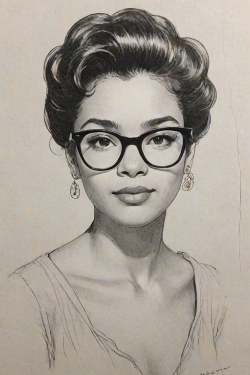 Fascinating Justice Smith, pencil sketch, portrait of Fetching woman 1956s in glasses, hair style beatnik, outline, clear lines, fine lines, 8k